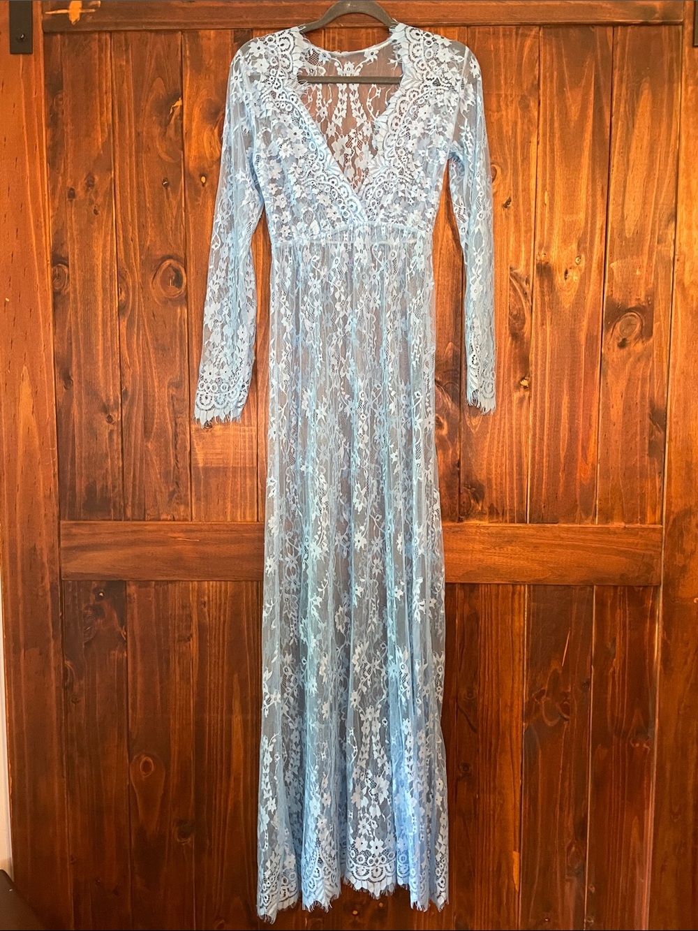 Light Blue Lace Sheer Maxi Dress / Slip with Long Sleeves